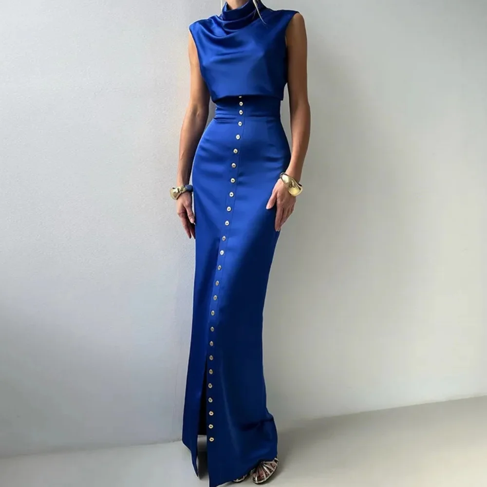 Elegant Crop Top Skirt Set Women Turtleneck Sleeveless Vest High Waist Button - Picture 3 of 7
